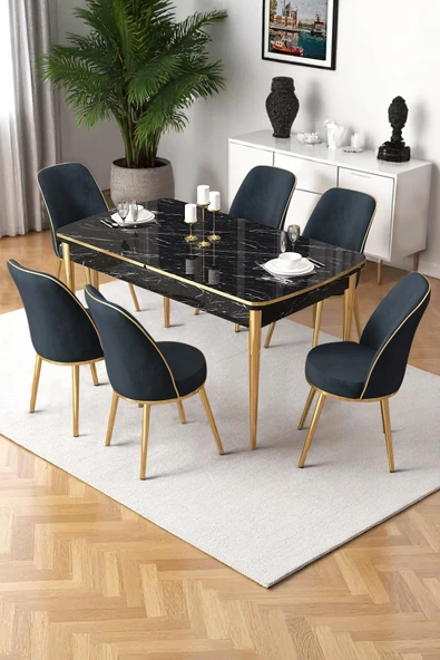 Canisa Nira Serisi 70x114 Mdf Siyah Mermer Desen Mutfak Masa Takımı 6 Antrasit Sandalye Gold Detay ürün görseli 1