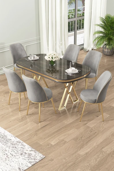 Canisa Lai Serisi 90x168 Lak Panel Antrasit Ironi Gold Ayak Masa Takımı 6 Gri Sandalye ürün görseli 1