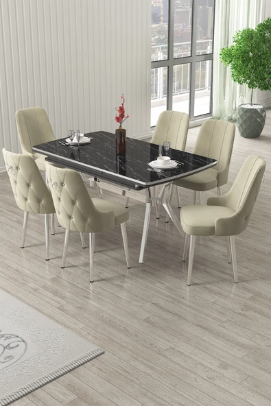Canisa Nis Serisi 89x150 Açılabilir Lak Panel Siyah Mermer Krom Ayak Masa Takımı ve 6 Krem Sandalye ürün görseli 1