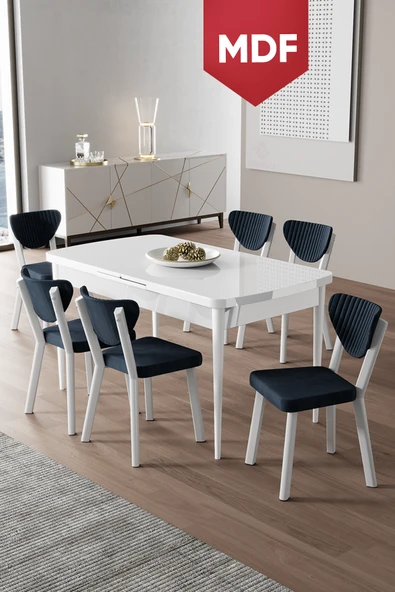 Canisa Exve Serisi 80x132 Açılabilir MDF Beyaz Masa Takımı ve 6 Antrasit Sandalye ürün görseli 1