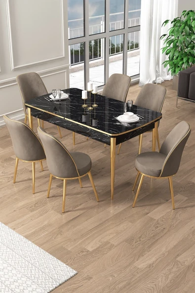 Canisa Pale Serisi 80x132 Açılabilir Siyah Mermer Desen Mutfak Masa Takımı 6 Cappucino Sandalye Gold Detay ürün görseli 1