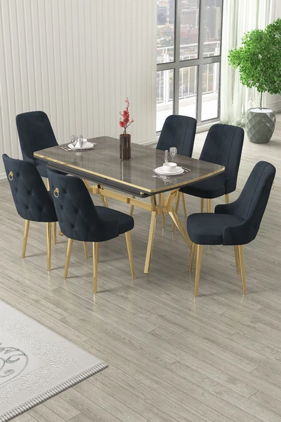 Canisa Nis Serisi 89x150 Açılabilir Lak Panel Antrasit İroni Gold Ayak Masa Takımı ve 6 Antrasit Sandalye ürün görseli 1