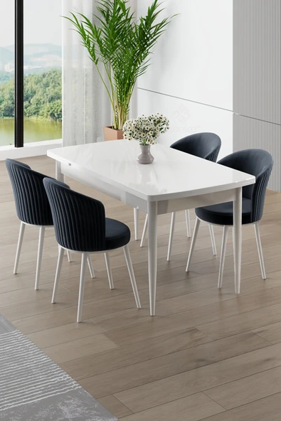 Canisa Asfel Serisi MDF 77x130 Beyaz Yandan Açılabilir Mutfak Masa Takımı 4 Antrasit Sandalye ürün görseli 1