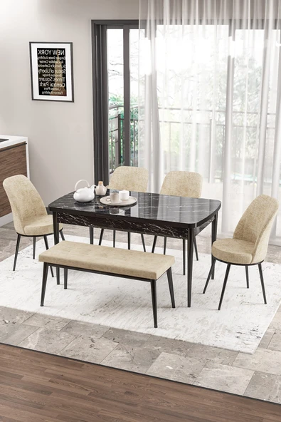 Canisa Zen Serisi 80x132 Mdf Açılabilir Siyah Mermer Desen Masa Takımı 4 Krem Sandalye Ve 1 Bench ürün görseli 1