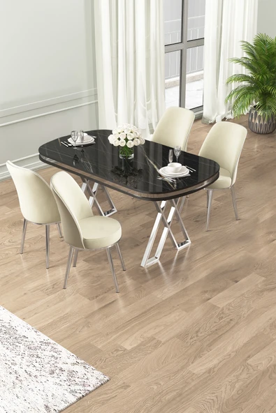 Canisa Lai Serisi 90x168 Lak Panel Sonata Masa ve 4 Krem Sandalye Krom Kaplama Ayak ürün görseli 1