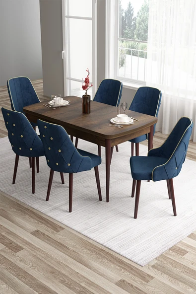 Canisa Tia Serisi 80x132 Açılabilir Mdf Barok Ahşap Desen Gold Detay Masa Takımı Ve 6 Lacivert Sandalye ürün görseli 1