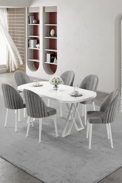 Canisa Kaye Serisi Mdf 90x168 Beyaz Mutfak Masası Takımı 6 Gri Sandalye ürün görseli 1