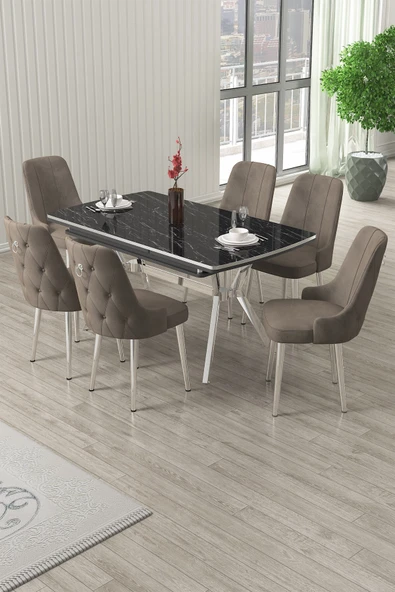 Canisa Nis Serisi 89x150 Açılabilir Lak Panel Siyah Mermer Krom Ayak Masa Takımı ve 6 Cappucino Sandalye ürün görseli 1