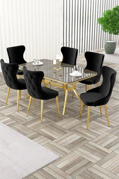 Canisa Esla Serisi 90x160 Lak Panel Antrasit Ironi Gold Kaplama Ayaklı Masa Takımı Ve 6 Siyah Sandalye ürün görseli 1