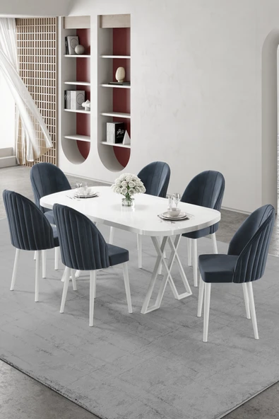 Canisa Kaye Serisi Mdf 90x168 Beyaz Mutfak Masası Takımı 6 Antrait Sandalye ürün görseli 1
