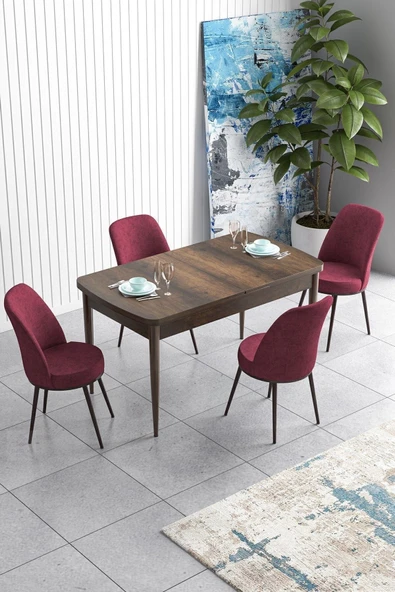 Canisa Han Serisi, Barok Ahşap Desen 70x114 Açılabilir Mdf Mutfak Masa Takımı, 4 Bordo Sandalye ürün görseli 1