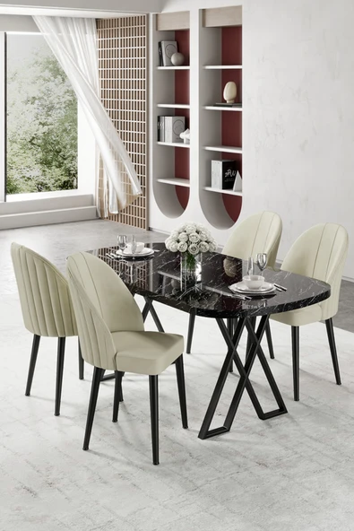 Canisa Kaye Serisi Mdf 90 x168 Siyah Mermer Desen Mutfak Masa Takımı 4 Krem Sandalye ürün görseli 1