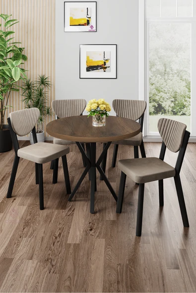 Canisa Agnes Serisi 90x90 Yuvarlak Barok Ahşap Desen Masa Takımı ve 4 Cappucino Sandalye ürün görseli 1