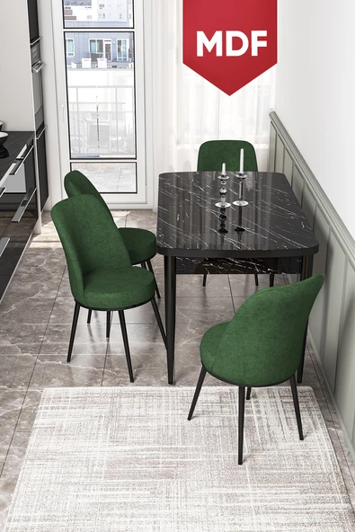 Canisa Kor Serisi 70x114 Açılabilir MDF Mutfak Masası Takımı Siyah Mermer Desen Masa 4 Haki Yeşil Sandalye ürün görseli 1