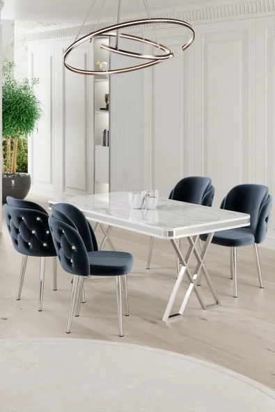 Canisa Rigel Serisi 80x130 Lak Panel Beyaz Mermer Desen Masa Takımı Krom Ayaklı 4 Antrasit Sandalye ürün görseli 1