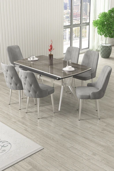 Canisa Nis Serisi 89x150 Açılabilir Lak Panel Antrasit İroni Masa Takımı 6 Gri Sandalye ürün görseli 1