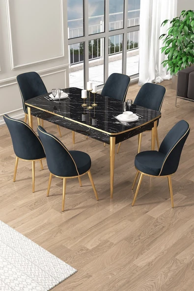 Canisa Pale Serisi 80x132 Açılabilir Siyah Mermer Desen Mutfak Masa Takımı 6 Antrasit Sandalye Gold Detay ürün görseli 1
