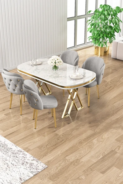 Canisa Zae Serisi 90x168 Lak Panel Beyaz Mermer Desen Gold Ayak Masa Takımı 4 Gri Sandalye ürün görseli 1