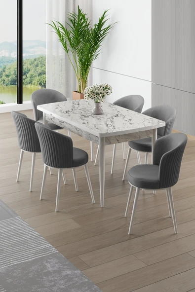 Canisa Asfel Serisi MDF 77x130 Beyaz Mermer Desen Yandan Açılabilir Mutfak Masa Takımı 6 Sandalye ürün görseli 1