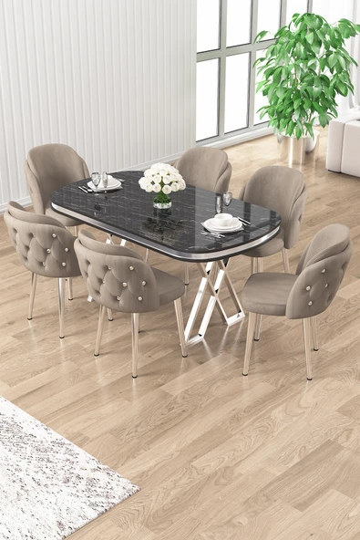 Canisa Zae Serisi 90x168 Lak Panel Siyah Mermer Desen Masa Takımı Krom Ayaklı 6 Cappucino Sandalye ürün görseli 1