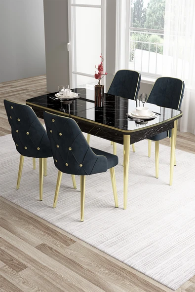 Canisa Tia Serisi 80x132 Açılabilir Mdf Siyah Mermer Desen Gold Detay Masa Takımı Ve 4 Antrasit Sandalye ürün görseli 1