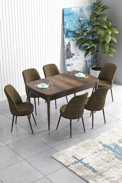 Canisa Han Serisi, Barok Ahşap Desen 70x114, Açılabilir Mdf Mutfak Masa Takımı, 6 Kahve Sandalye ürün görseli 1