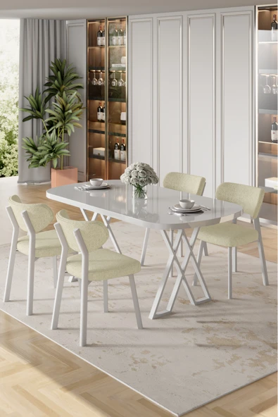 Canisa Axton Serisi Sabit Mdf 90x168 Beyaz Mutfak Masa Takımı 4 Krem Sandalye ürün görseli 1