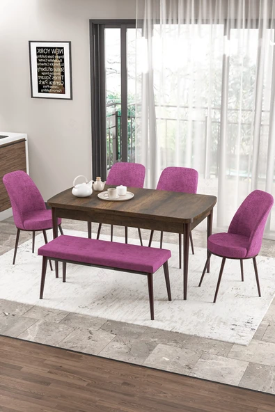 Canisa Zen Serisi 80x132 Mdf Açılabilir Barok Ahşap Desen Masa Takımı 4 Mor Sandalye Ve 1 Bench ürün görseli 1
