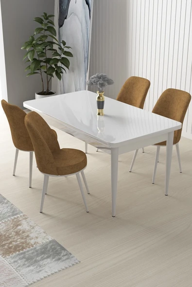Canisa Nil Serisi 70x110 Sabit Mutfak Masası Takımı Beyaz Masa 4 Cappucino Sandalye ürün görseli 1