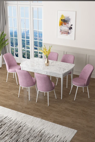 Canisa Zen Serisi 80x132 Mdf Açılabilir Beyaz Mermer Desen Masa Takımı Ve 6 Pembe Sandalye ürün görseli 1