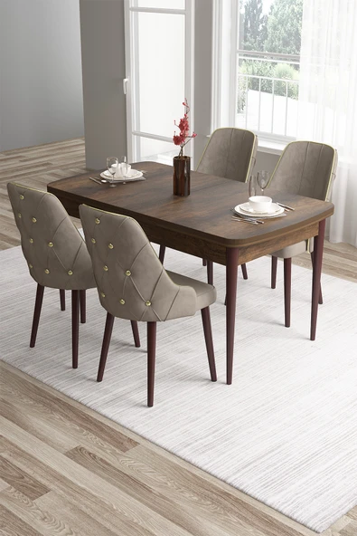 Canisa Tia Serisi, Barok Ahşap Desen 80x132 Açılabilir Mdf Mutfak Masası 4 Cappucino Sandalye Gold Detay ürün görseli 1