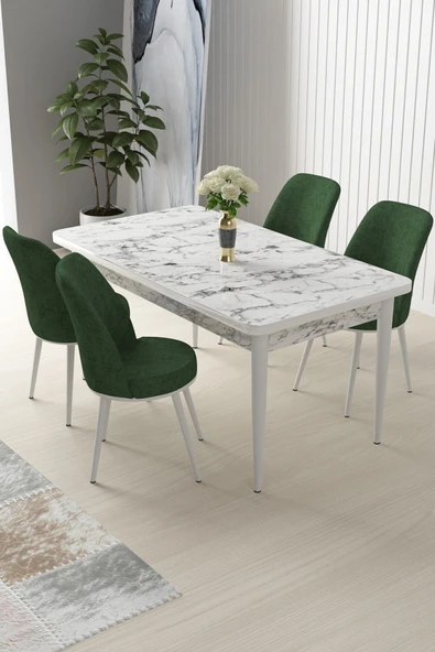 Canisa Nil Serisi 70x110 Sabit Mutfak Masası Takımı Beyaz Mermer Desen Masa 4 Haki Yeşil Sandalye ürün görseli 1