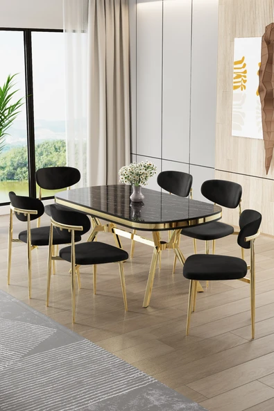 Canisa Olya Serisi 90x168 Lak Panel Sonata Masa Takımı Gold Ayaklı 6 Siyah Sandalye ürün görseli 1