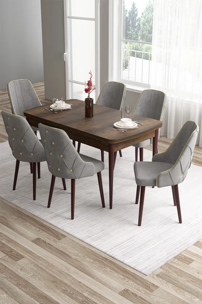 Canisa Tia Serisi 80x132 Açılabilir Mdf Mutfak Masası Takımı Barok Desen Masa 6 Gri Sandalye ürün görseli 1