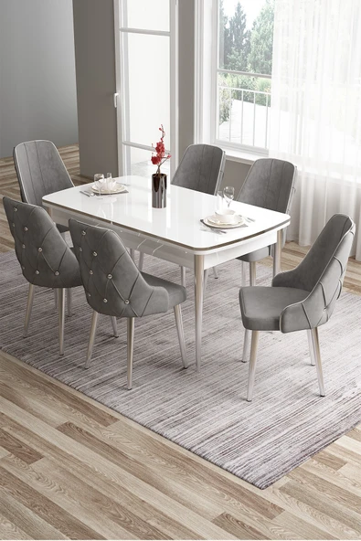 Canisa Tia Serisi 80x132 Açılabilir Mdf Yemek Odası Takımı Krom Detay Beyaz Masa Ve 6 Gri Sandalye ürün görseli 1