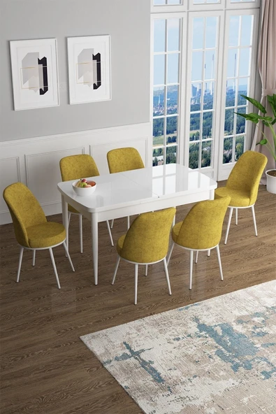 Canisa Han Serisi, Beyaz 70x114 Açılabilir Mdf Mutfak Masa Takımı, 6 Hardal Sandalye ürün görseli 1