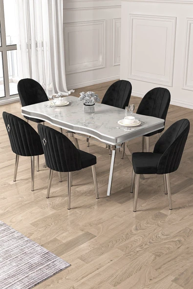 Canisa Pem Serisi 90x160 Lak Panel Beyaz Mermer Desen Krom Ayak Masa Takımı 6 Siyah Sandalye ürün görseli 1