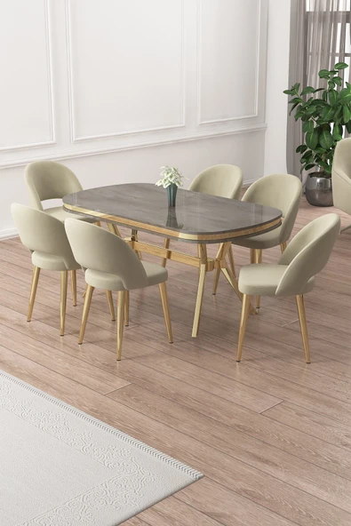 Canisa Jita Serisi 90x168 Lak Panel Antrasit İroni Gold Ayak Masa Takımı ve 6 Krem Sandalye ürün görseli 1