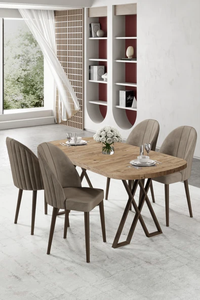 Canisa Kaye Serisi Mdf 90x168 Atlantik Çam Mutfak Masa Takımı 4 Cappucino Sandalye ürün görseli 1