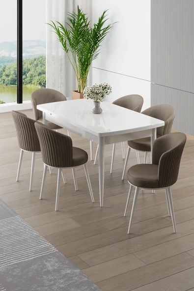 Canisa Asfel Serisi MDF 77x130 Beyaz Yandan Açılabilir Mutfak Masası Takımı 6 Cappucino Sandalye ürün görseli 1