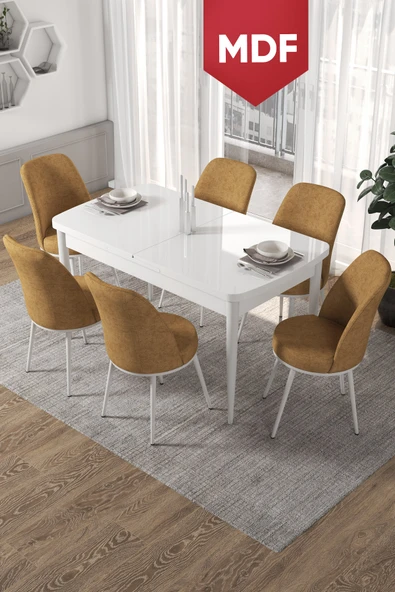 Canisa Kor Serisi, Beyaz Açılabilir 70x114 Yemek Masa Takımı 6 Cappucino Sandalye ürün görseli 1