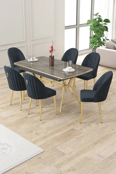 Canisa Sim Serisi 89x150 Açılabilir Lak Panel Antrasit İroni Gold Ayak Masa Takımı ve 6 Antrasit Sandalye ürün görseli 1