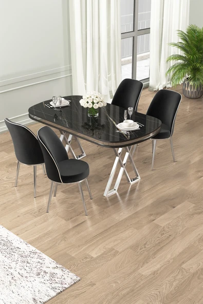 Canisa Lai Serisi 90x168 Lak Panel Sonata Masa ve 4 Siyah Sandalye Krom Kaplama Ayak ürün görseli 1