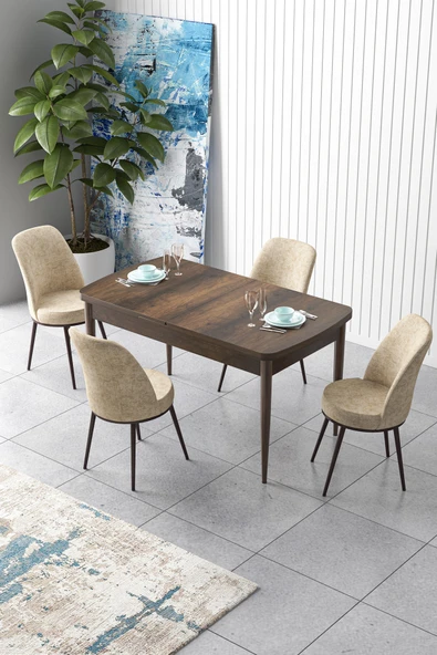 Canisa Concept Zen Serisi 80x132 Mdf Açılabilir Barok Ahşap Desen Masa Takımı Ve 4 Krem Sandalye ürün görseli 1