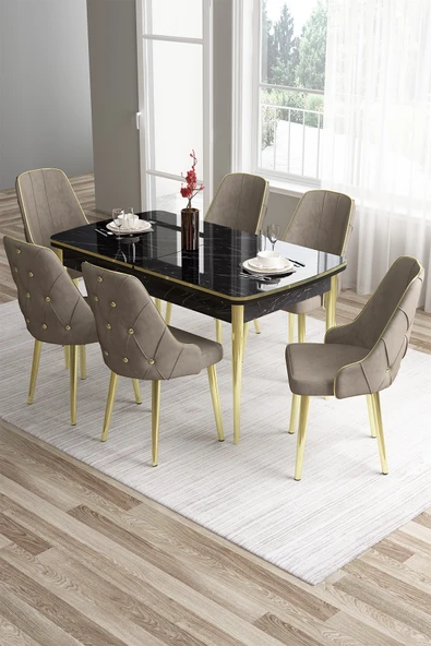 Canisa Tia Serisi 80x132 Açılabilir Mdf Siyah Mermer Desen Mutfak Masası Ve 6 Cappucino Sandalye ürün görseli 1