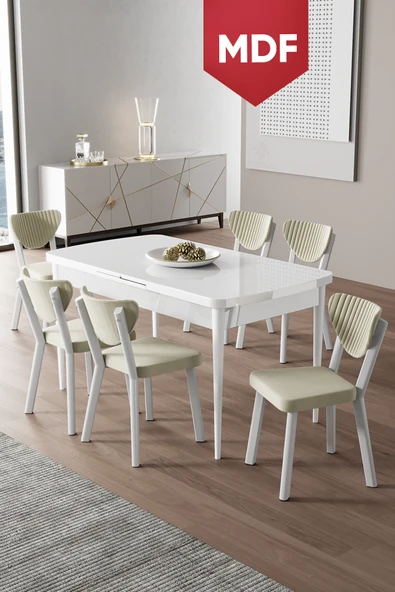 Canisa Exve Serisi 80x132 Açılabilir MDF Beyaz Masa Takımı ve 6 Krem Sandalye ürün görseli 1