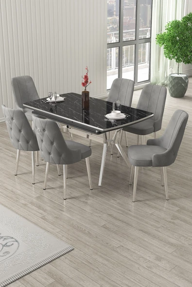 Canisa Nis Serisi 89x150 Açılabilir Lak Panel Siyah Mermer Krom Ayak Masa Takımı ve 6 Gri Sandalye ürün görseli 1