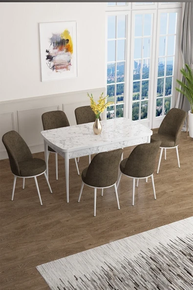 Canisa Han Serisi 70x114 Açılabilir Mdf Mutfak Masası Takımı Beyaz Mermer Desen Masa 6 Kahverengi Sandalye ürün görseli 1