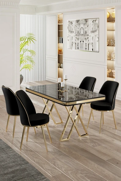 Canisa Vals Serisi 80x130 Lak Panel Siyah Mermer Desen Masa Takımı Gold Ayaklı 4 Siyah Sandalye ürün görseli 1