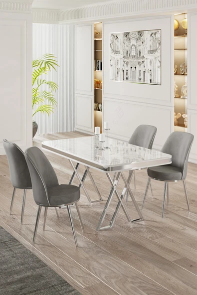 Canisa Vals Serisi 80x130 Lak Panel Beyaz Mermer Desen Masa Takımı Krom Ayaklı 4 Gri Sandalye ürün görseli 1